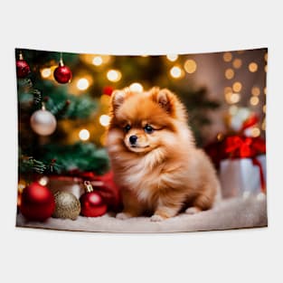 Tiny Pomeranian Puppy Dog by Christmas Tree Tapestry