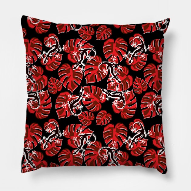 Salamander and Leaves - Red Pattern Pillow by TMBTM