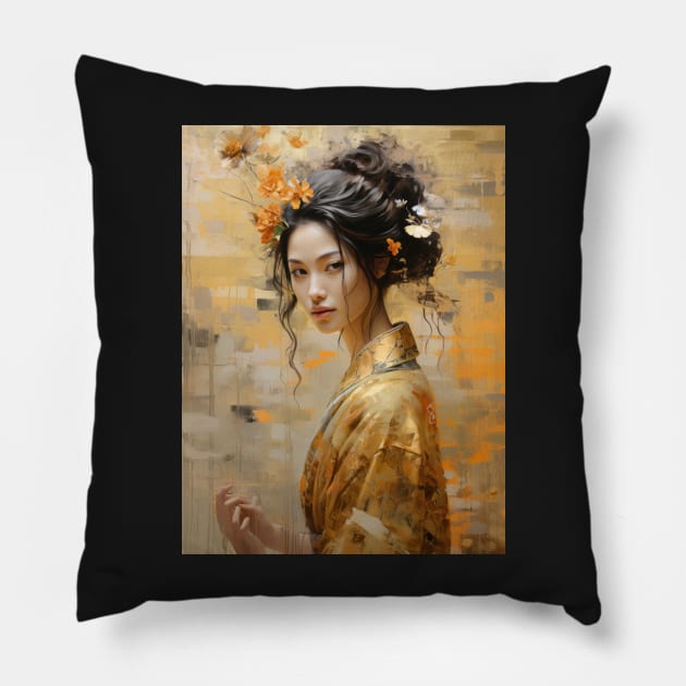 Japanese Girl in Gold Kimono With Flowers in Her Hair Pillow by kansaikate