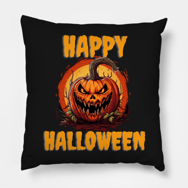 Happy Halloween Pumpkin Cartoon Pillow by DarkAgeArt