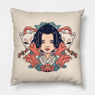 Sketch of Japanese Girl with Kitsune Masks Pillow
