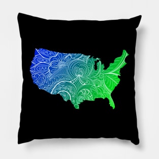 Colorful mandala art map of the United States of America in blue and green Pillow