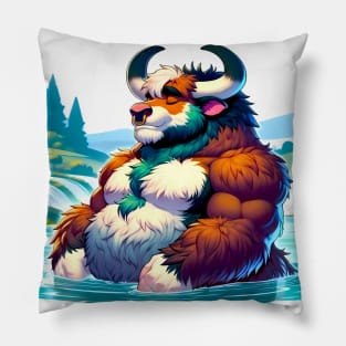 Bathing Bull Muscular Bara Furry Art Pillow