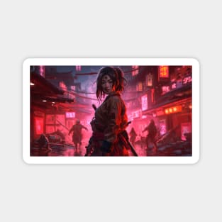 Cyberpunk Female Samurai Sakura Magnet