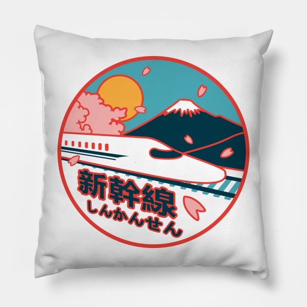 Japan Shinkansen Bullet Train Mt. Fuji and Sakura Cherry Tree Icon Pillow by Charredsky