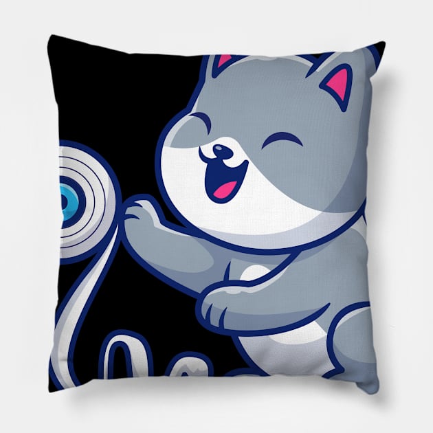 Cute cat with toilet tissue paper roll cartoon Pillow by Catalyst Labs