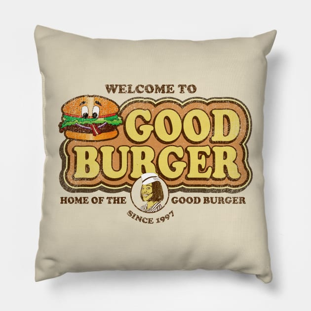 Welcome to Good Burger Worn Out Pillow by Alema Art