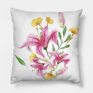 Hot Pink Watercolor Flowers and Leaves Pillow