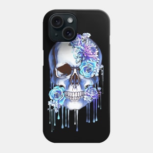 Floral, flowers and skull, Human anatomy, bones, blue style drops color paint Phone Case