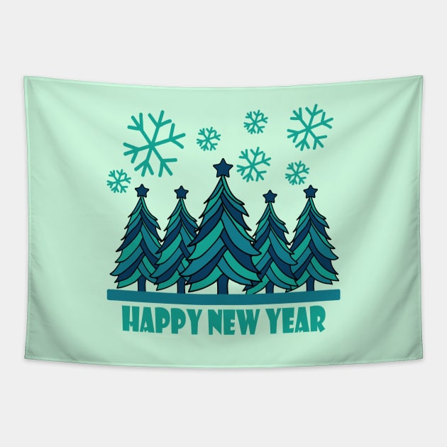 Happy New Year 2024 Tree Snowflakes Tapestry by Day81