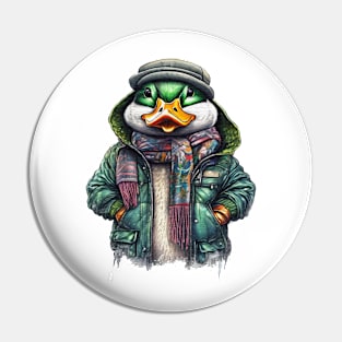 Duck wearing a jacket cap and a scarf Pin