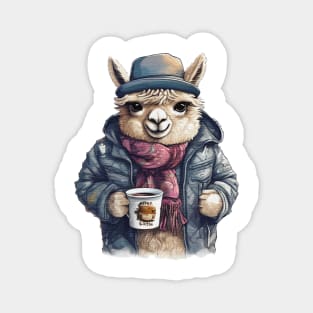 Alpaca wearing a jackets holding a cup coffee Magnet