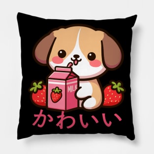 Kawaii Dog Drinking Strawberry Milk Pillow