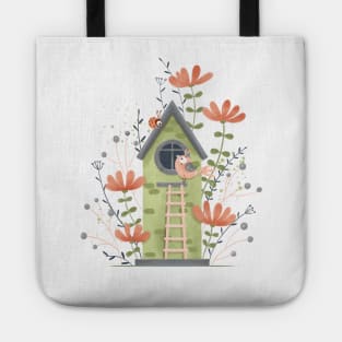 Green bird house and flowers Tote