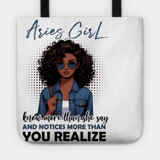 Aries Girl Knows More Than She Says Funny April Birthday Tote