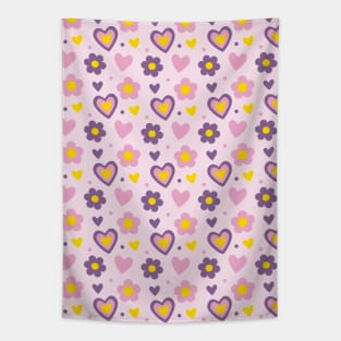 Retro Flowers and Hearts Pattern Pink, Purple Tapestry