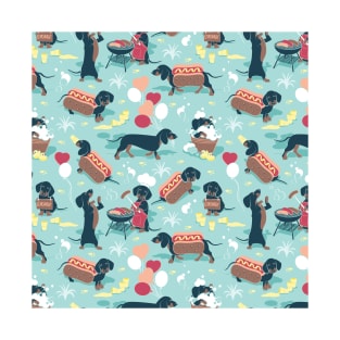 Hot dogs and lemonade // pattern // aqua green background navy and brown dachshunds T-Shirt