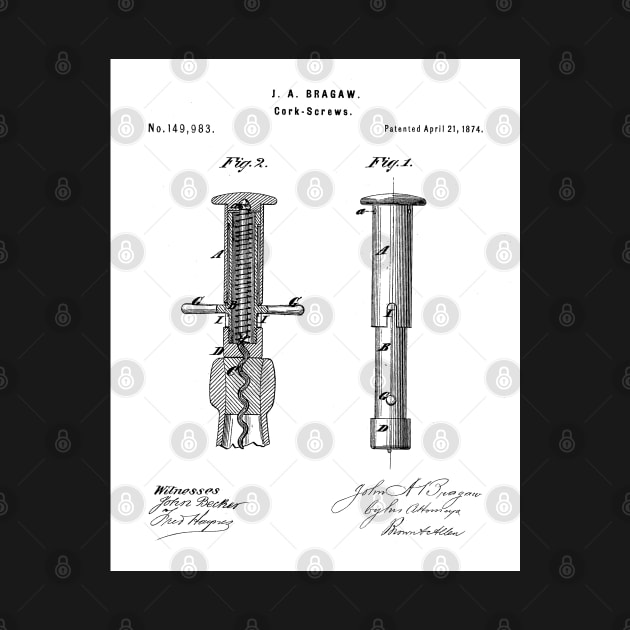 Corkscrew Patent - Wine Lover Home Kitchen Art - White by patentpress