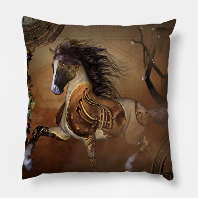 Beautiful steampunk horse with cloack and gears Pillow by Nicky2342