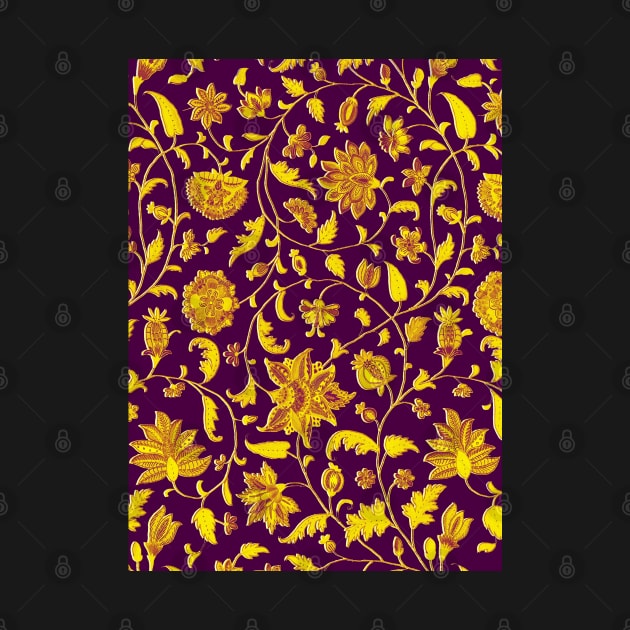 GOLD YELLOW PURPLE POMEGRANATES ,POMEGRANATE FLOWERS, LEAVES Oriental Floral Swirls by BulganLumini