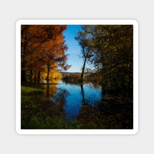 Photography color lake and sky, autumn fallen leaves Magnet