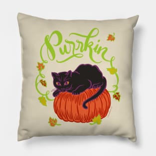 Funny Halloween Black Cat on Pumpkin Purrkin Fall Autumn Pillow