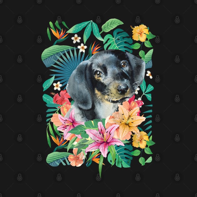 Tropical Black Tan Dachshund Doxie 1 by LulululuPainting