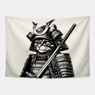 Cute Cat Samurai Portrait Ninja Japan Art Tapestry