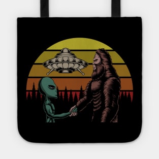 bigfoot with alien illustration Tote