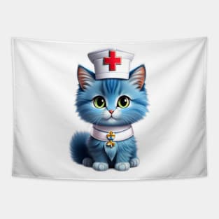 Whisker Wellness Wardrobe: Adorable Blue Kitten Nurse on Duty Tapestry