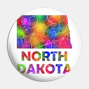 Colorful mandala art map of North Dakota with text in multicolor pattern Pin