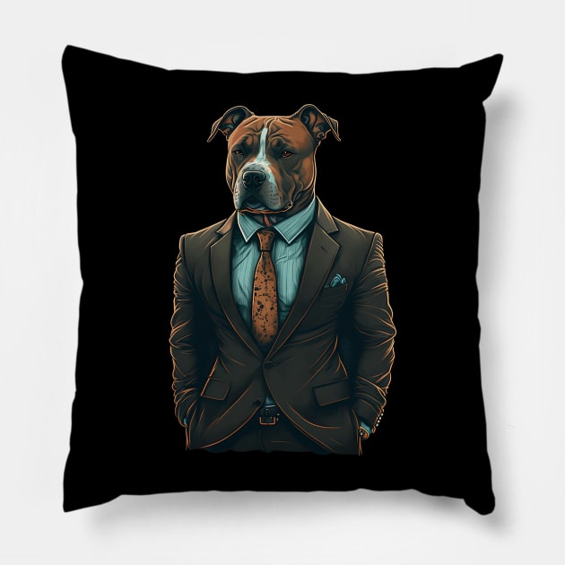 Suave and Successful: The Brown and White Pitbull in a Tailored Dark Suit - A Unique Marketing Design for the Modern Business Dog Pillow by Reneromt