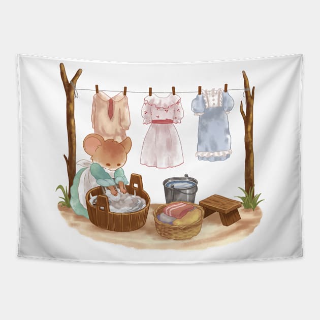 Cottagecore Mouse Doing Vintage Laundry Tapestry by Jieul