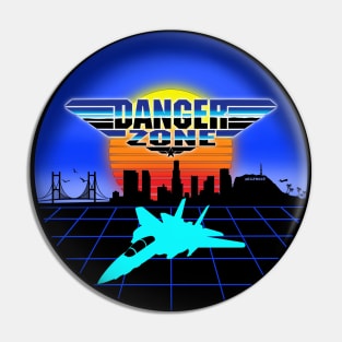 Danger Zone 80s Retro Neon Top Gun Maverick Logo Parody Rooster Sunset Skyline Pin