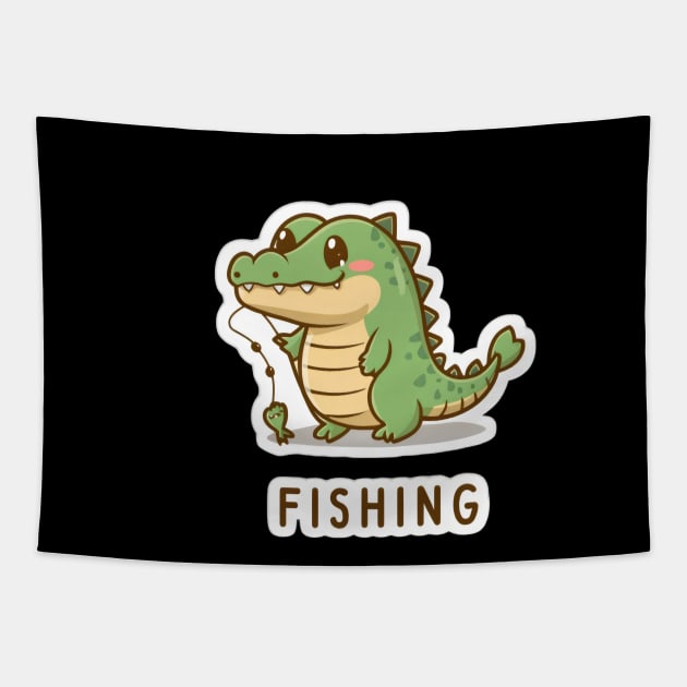 Cute Kawaii Crocodile fishing Tapestry by Spaceboyishere