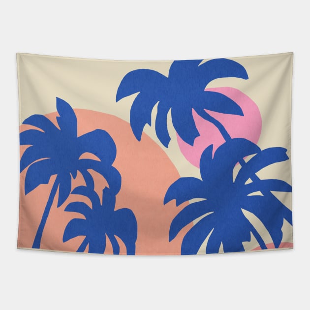 Blue palm trees summer time Tapestry by JulyPrints