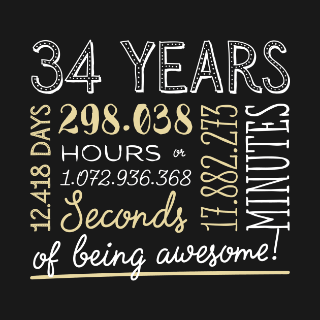 34th Birthday Gifts - 34 Years of being Awesome in Hours & Seconds by BetterManufaktur