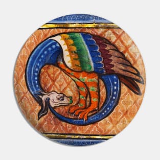 MEDIEVAL BESTIARY, SNAKE DRAGON in Gold Blue Orange Colors Pin