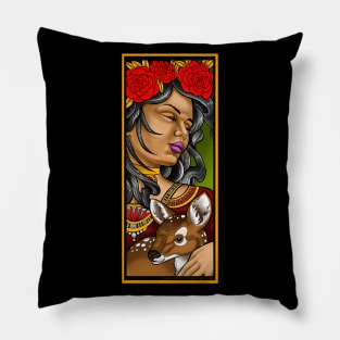 Neotraditional girl with fawn Pillow