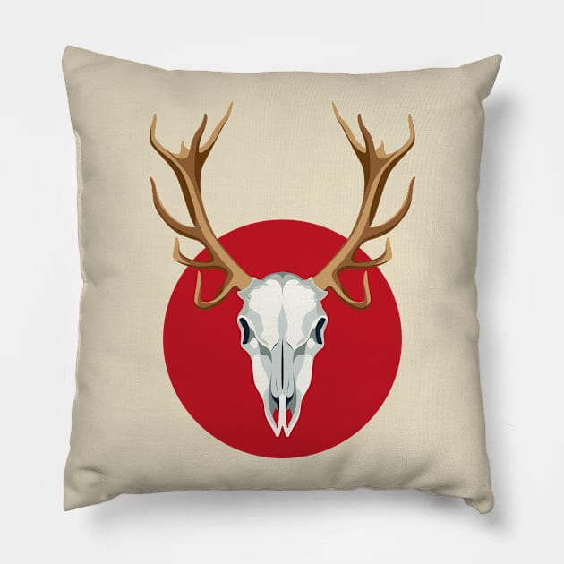 Deer's Skull over red sun Pillow by AtelierNab