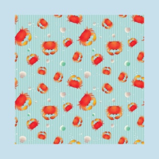 Red Crabs Pattern on Blue T-Shirt