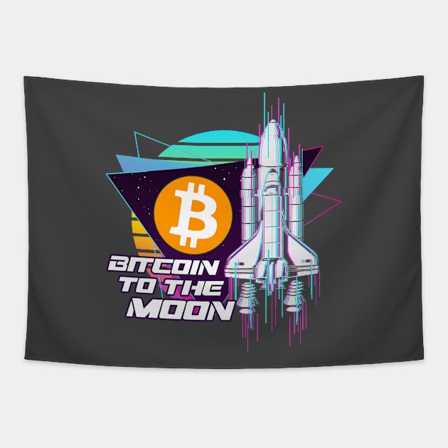 Bitcoin to the Moon Digital Crypto BTC Retro Spaceship Tapestry by TheBeardComic