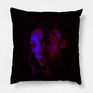 Monster, dark side in its protective state. Beautiful but dark, girl. Partially bald. Blue and red. Pillow