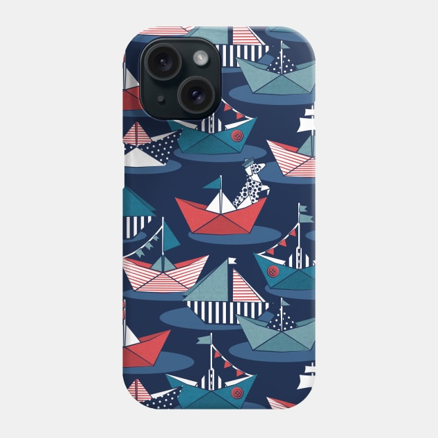 Origami dog day at the lake // pattern // navy blue background red teal and blue origami sail boats with cute Dalmatian Phone Case by SelmaCardoso