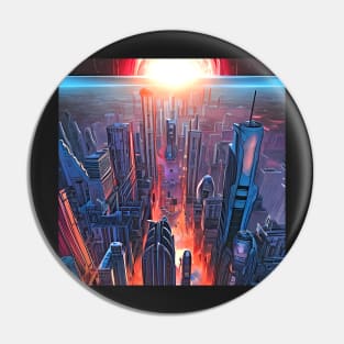 Futuristic Cyberpunk City Sunset Landscape Pin