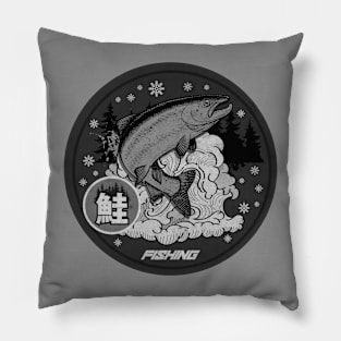 Salmon Fishing Vintage BW Pillow