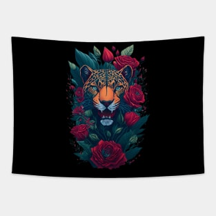 Panther Face with Roses Tapestry