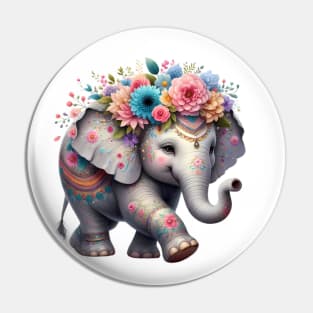 An elephant decorated with beautiful colorful flowers. Pin