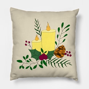 Christmas lights with holly, candles, pine cones and coniferous branches Pillow