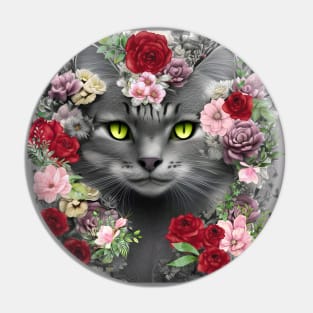 Beautiful Floral Gray Cat Pin